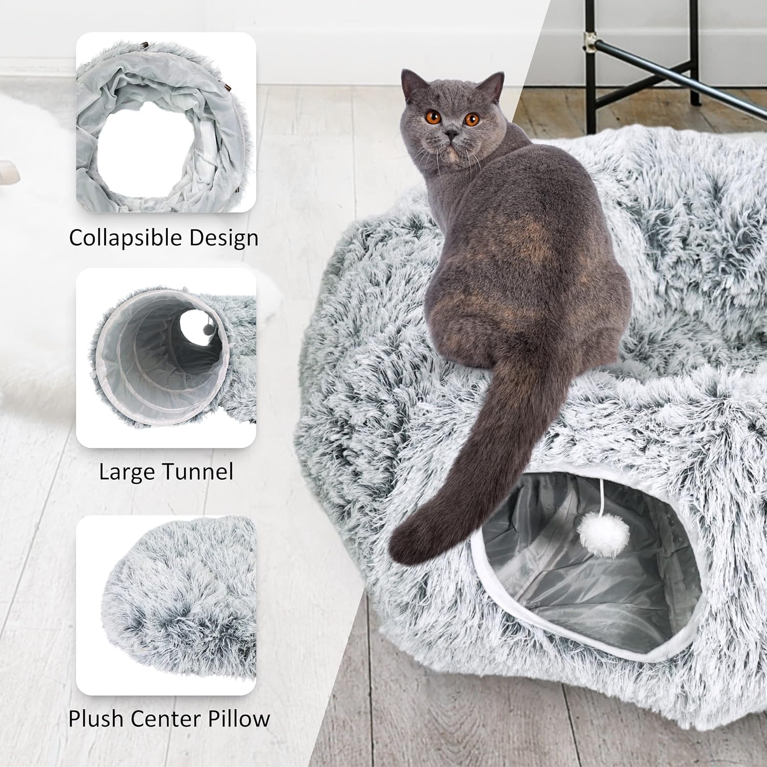 Cat Donut Bed with Washable Cushion – Cat Caves for Indoor Cats – Collapsible Donut Bed with Peekaboo Pet Tunnel & Tunnel Toy – Cozy Hideout for Kittens, Ferrets, Rabbits & Dogs – Grey