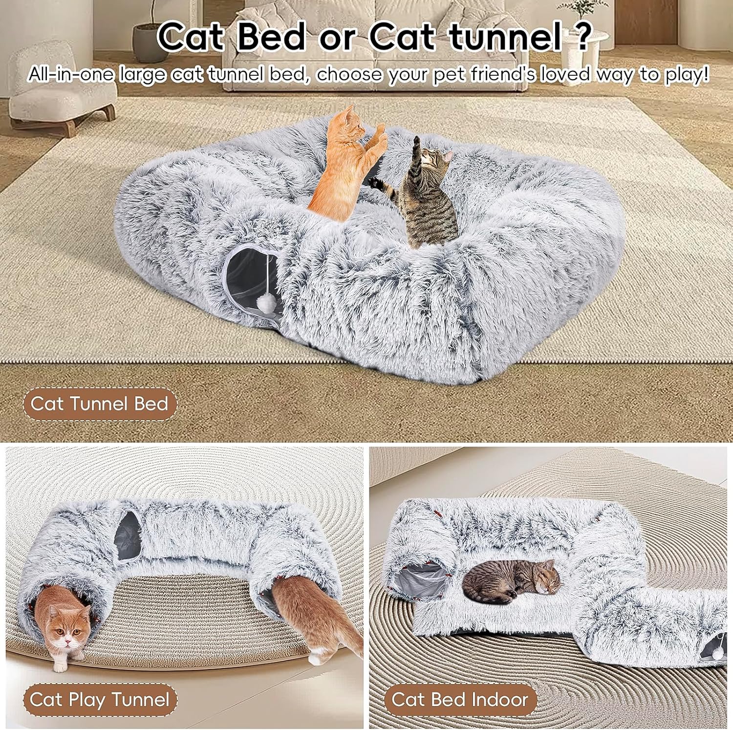 Extra Large Cat Tunnel Bed, 4 Ways Tunnels for Indoor Cats, Multi-cat Family Peekaboo Cave & Cat Bed, Plush Cat Donut with Washable Middle Mat, Exit Balls, Pet Play Toy for Kitten Puppy Rabbit