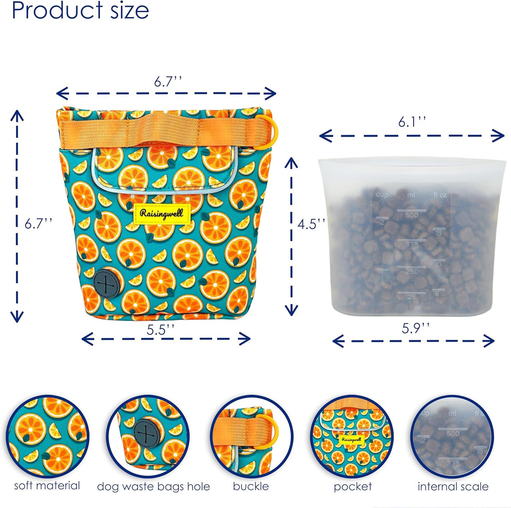 Dog Treat Pouch for Pet Walking and Training with Clicker 2 Cup Silicone Bag Small Fanny Pack Holder for Puppy Snack Dispenser Kit for Leash and Outdoor Use (Fruit Orange)