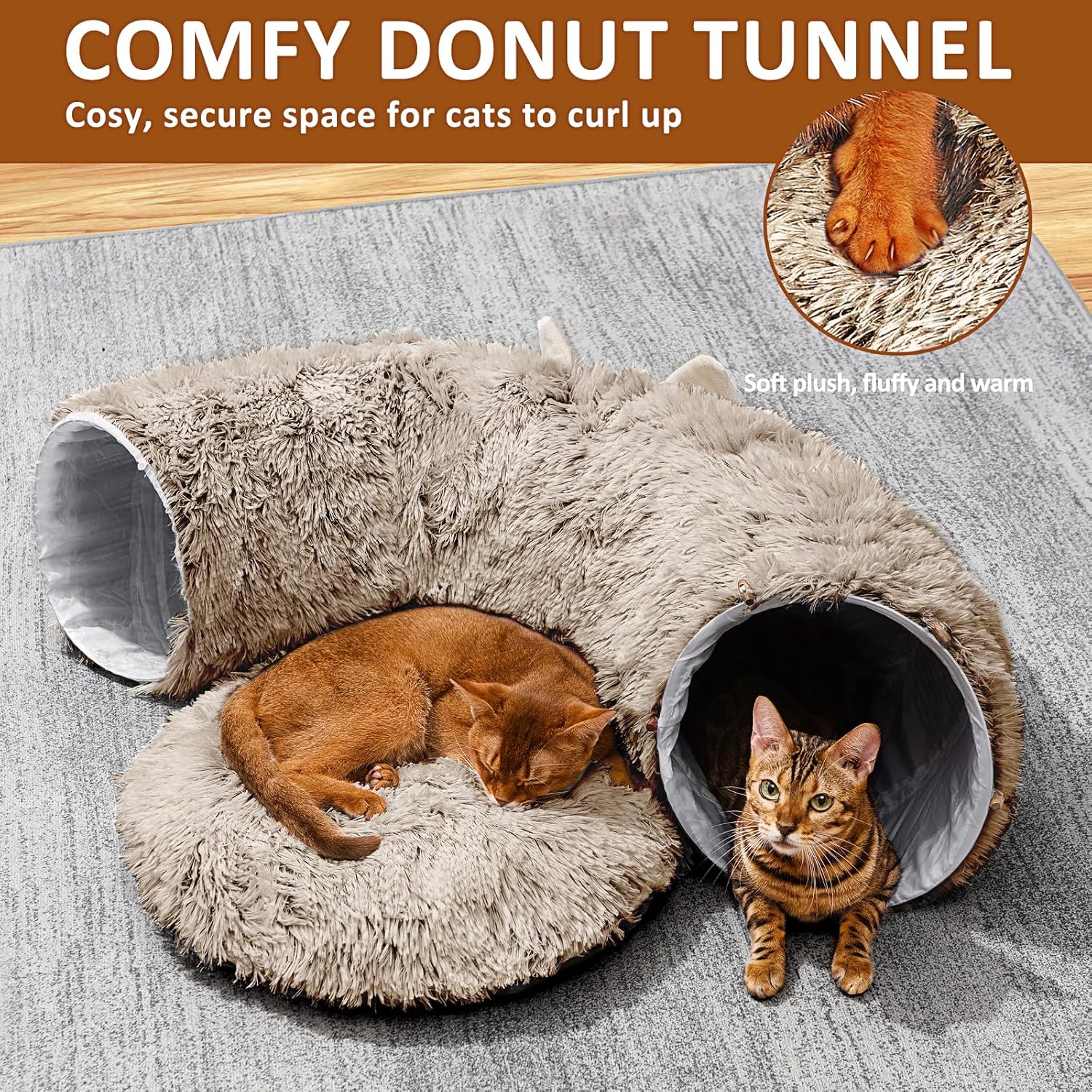 Cat Tunnel with Cat Bed for Indoor Cats, Soft Plush Peekaboo Cat Cave Donut Tunnel, Multifunctional Playground Toys Hideplace for Small Medium Large Kittens, Rabbit, Ferret, Brown