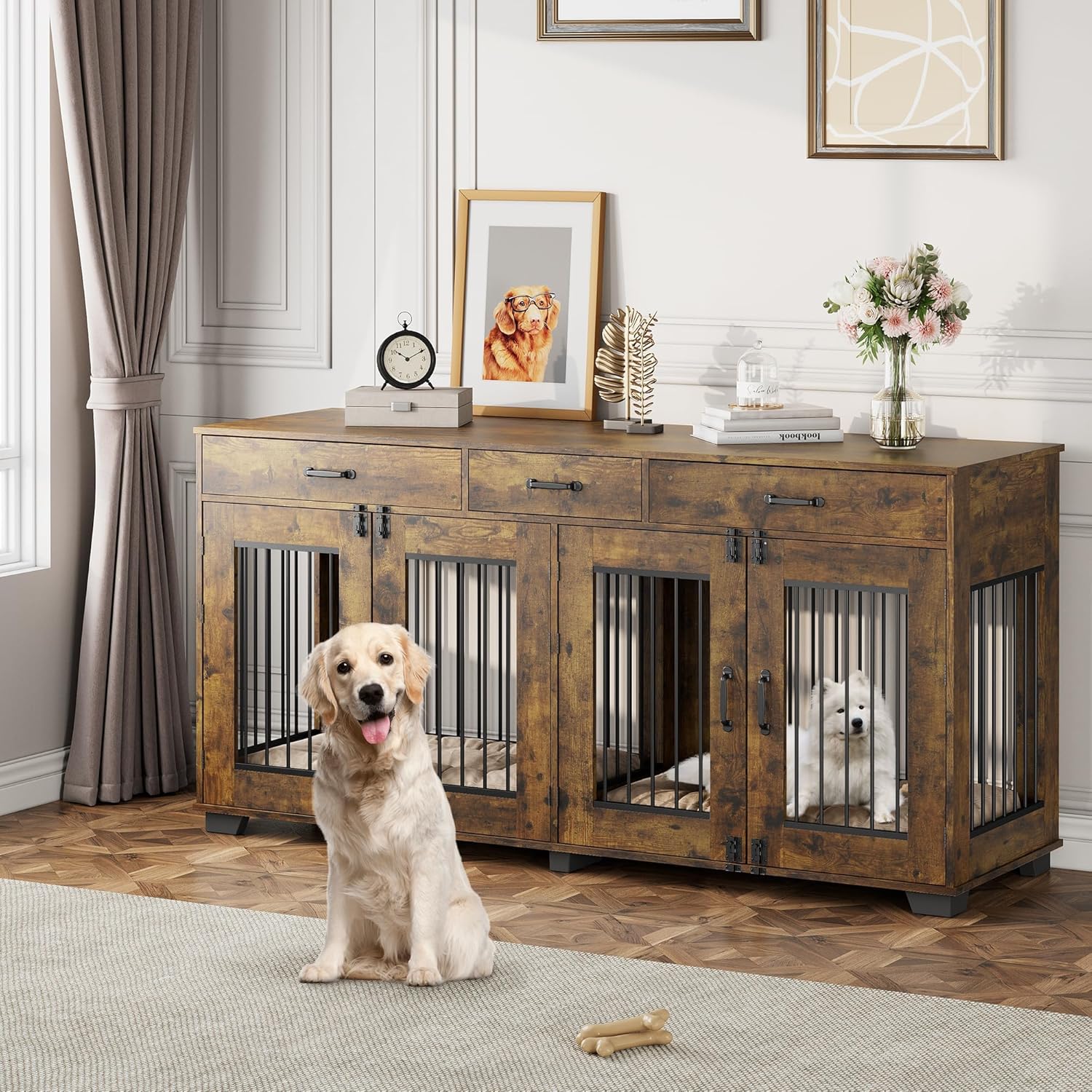 Dog Crate Furniture for 2 Dogs, 71 in XXL Indoor Dog Kennel with 3 Drawers and Removable Room Divider, Wooden Double Dog Crate TV Stand End Table with Double Doors for Large Medium Dogs, Rustic Brown
