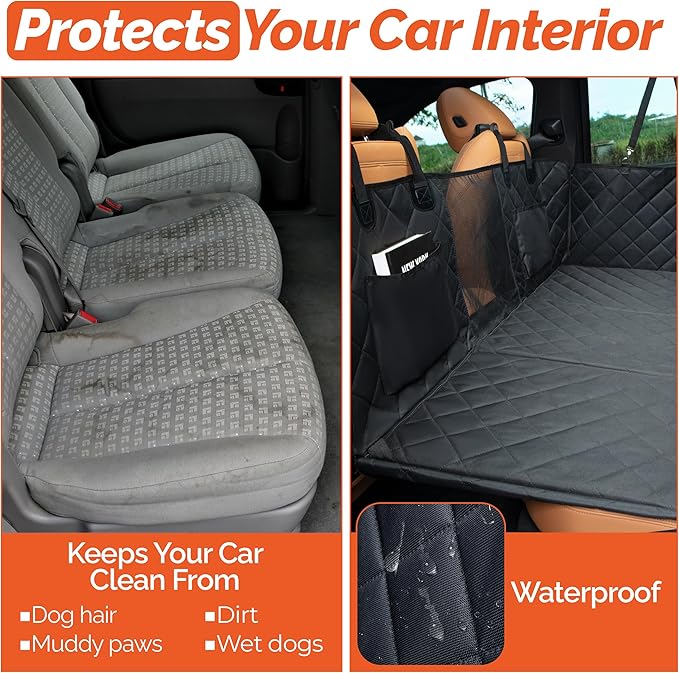 Dog Car Seat Cover for Back Seat, Hard Bottom Holds 500LBS, Back Seat Extender for Dogs for SUV, Car, Dog Seat Cover for Back Seat, Waterproof Backseat Pet Cover for Dogs, Mesh Window, Storage Pockets