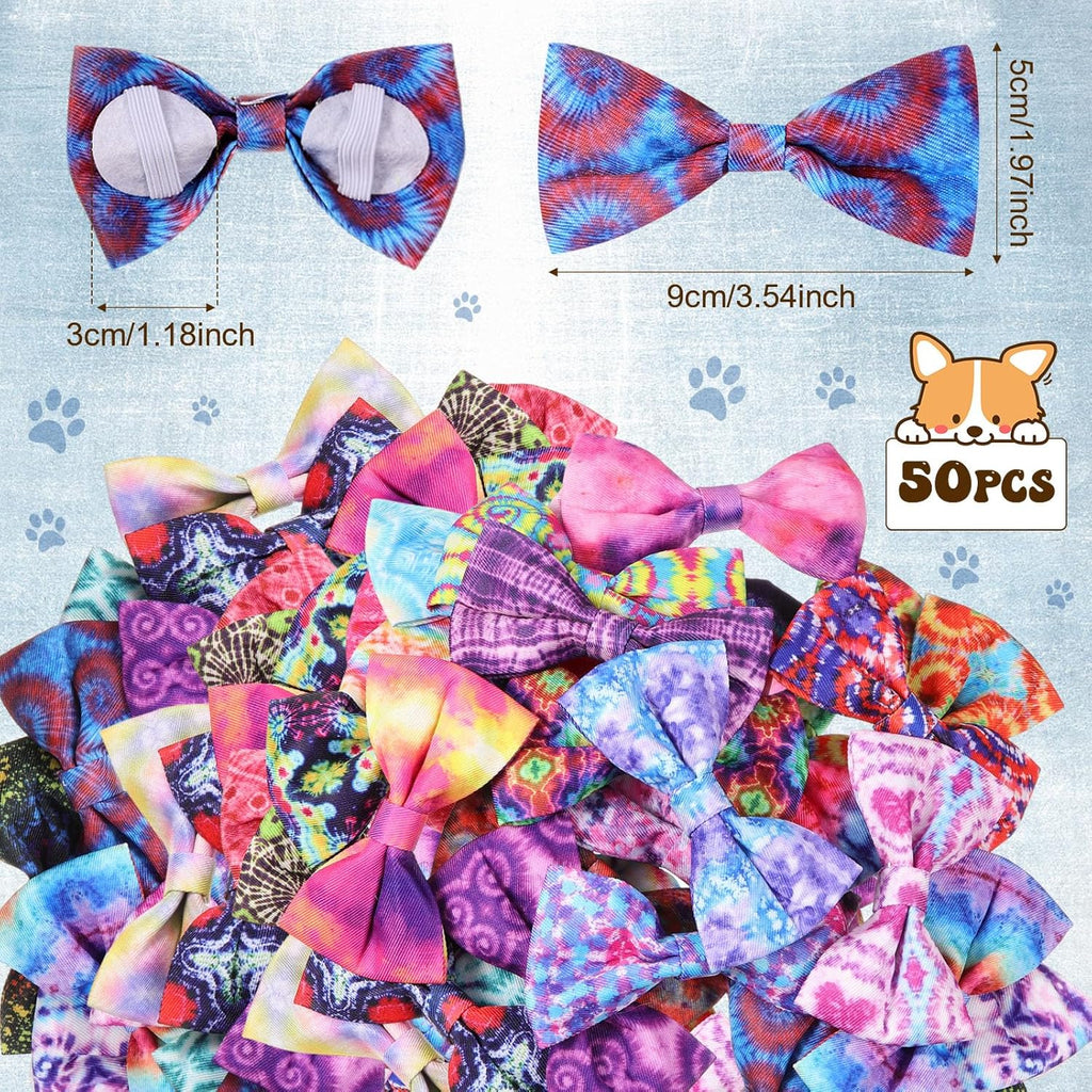 Reginary 50 Pieces Dog Bow Ties Pet Collar Bow Puppy Collar Attachment with Rubber Bands for Small Medium Cat Pet Grooming Charms Accessories Wedding Birthday Occasion(Tie Dye Style)
