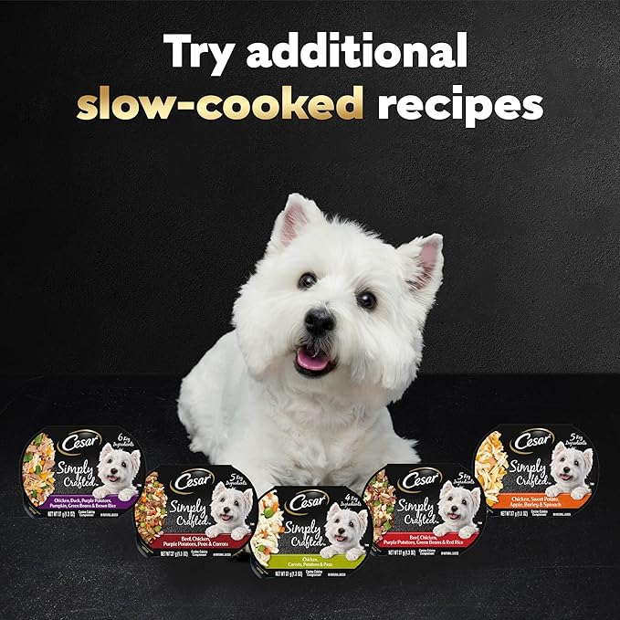 Cesar Simply Crafted Wet Dog Food Toppers for Dry Food, Chicken, Carrots, Potatoes & Peas and Chicken, Sweet Potato, Apple, Barley & Spinach Meal Topper Variety Pack, 1.3 oz. Tubs, 8 Count (Pack of 2)