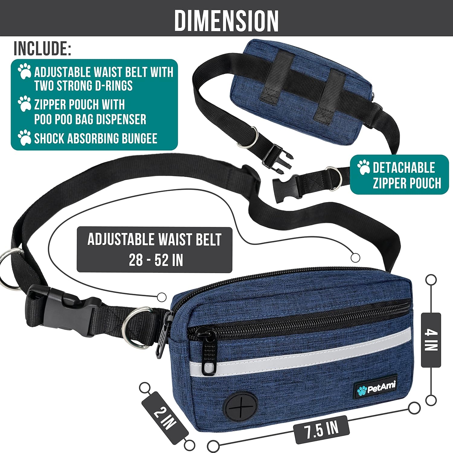 PetAmi Hands Free Dog Leash, Dog Running Leash Belt for Walking Jogging, Dog Waist Zipper Pouch Fanny Pack with Poop Bag Dispenser, Dual Padded Handle Bungee Leash for Small Medium Large Dogs, Single