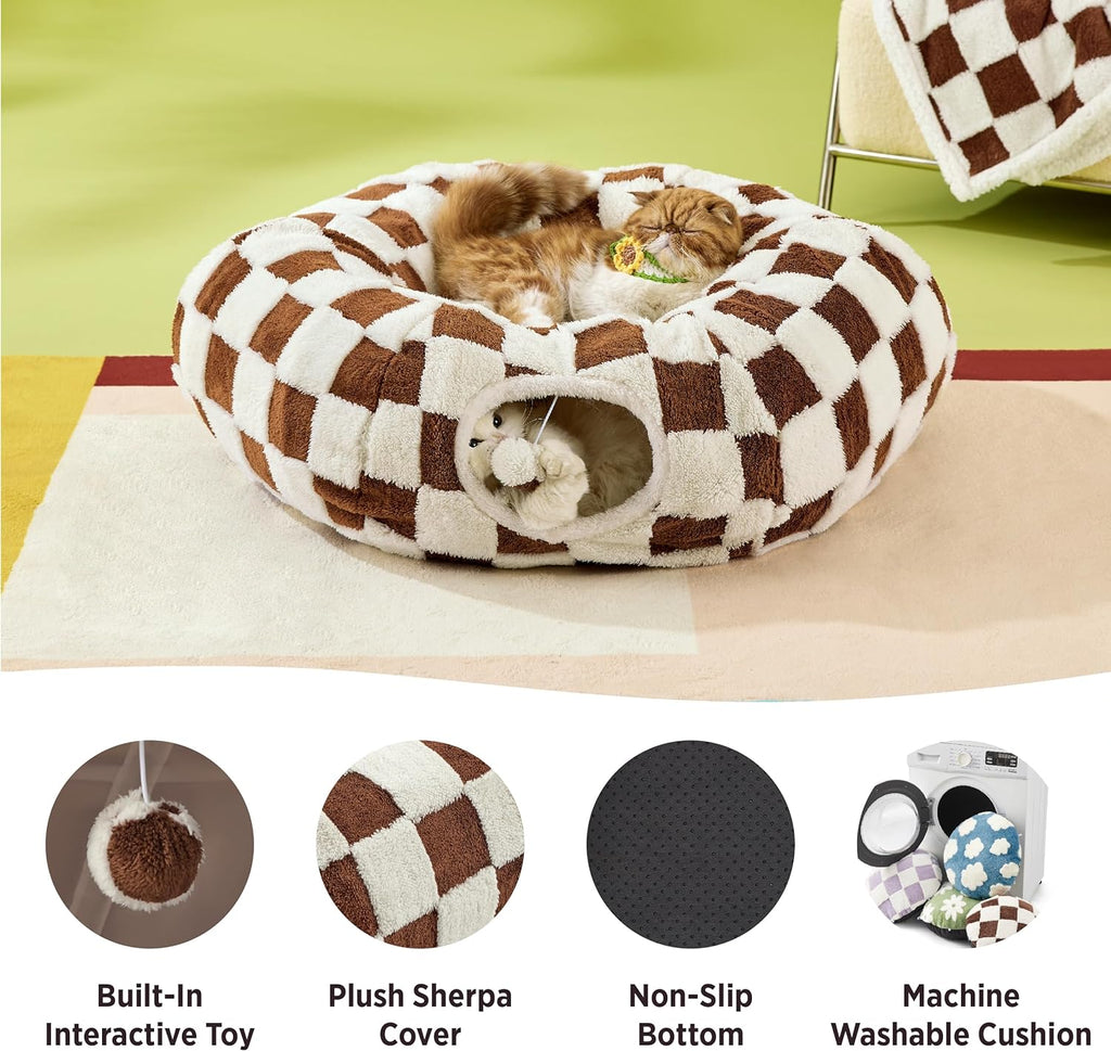 Lesure Cat Tunnel Bed for Indoor Cats - Cute Cat Donut Tunnel Toys for Small Large Cats with Washable Circle Cushion, Round Pet Peekaboo Cave Toy for Kitten/Puppy/Rabbit, Standard Brown