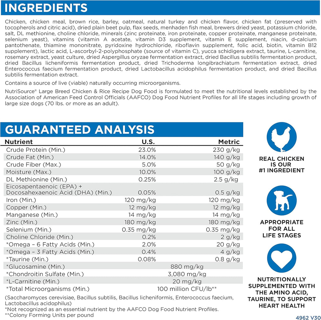 NutriSource Adult Dry Dog Food for Large Breeds, Chicken and Rice, 26LB