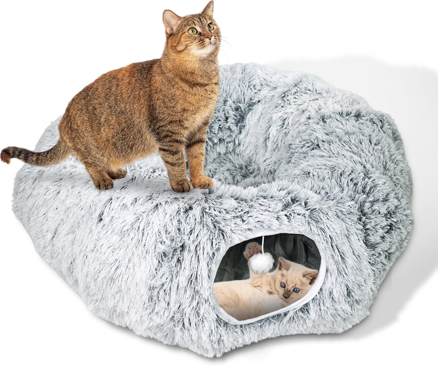 Cat Donut Bed with Washable Cushion – Cat Caves for Indoor Cats – Collapsible Donut Bed with Peekaboo Pet Tunnel & Tunnel Toy – Cozy Hideout for Kittens, Ferrets, Rabbits & Dogs – Grey