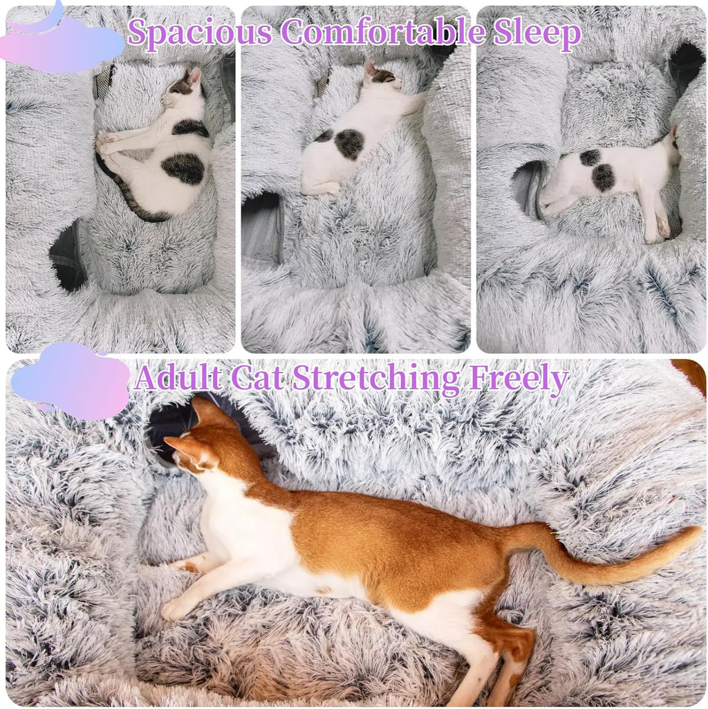 XxingSheep 4 Cave Shuttled XL Cat Tunnel Bed for Indoor Cats Peekaboo Toy Donut with Warm Mat