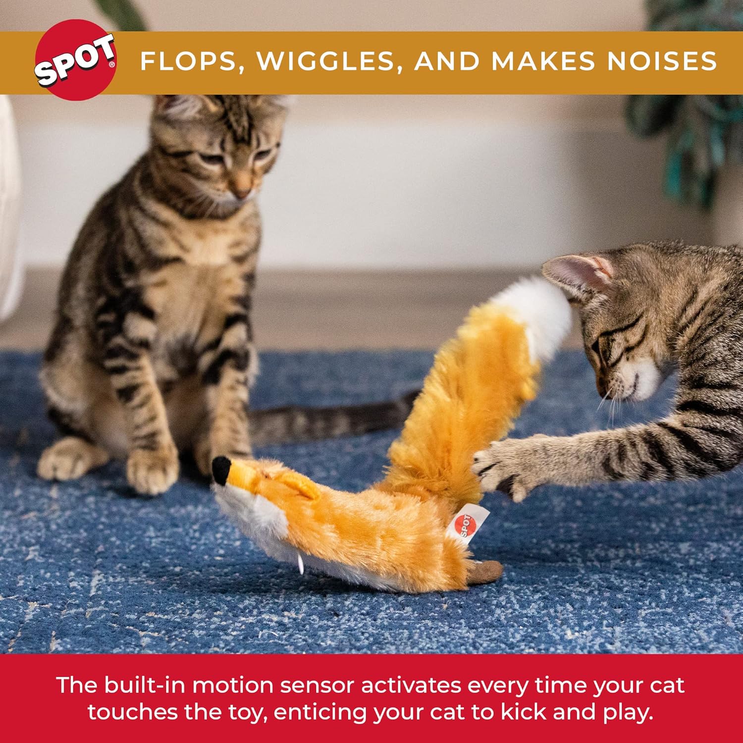 SPOT Flippin’ Skinneeez Fox - Interactive Cat Toy with Catnip - Touch Activated Flopping, Wiggling, Moving Toy for Cats and Kittens, USB Rechargeable, Washable, Large Size for Cats to Hug and Kick