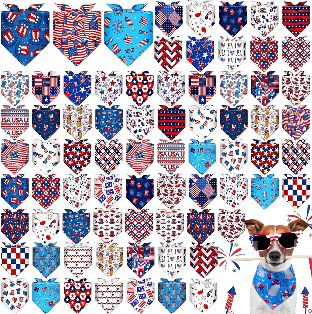 72 Pcs Veterans Day Dog Bandanas Bulk Patriotic Triangle Scarf Cat Puppy Bibs Scarf Blue White and Red Pet Bandanas for Puppy Cat Birthday Party Costume
