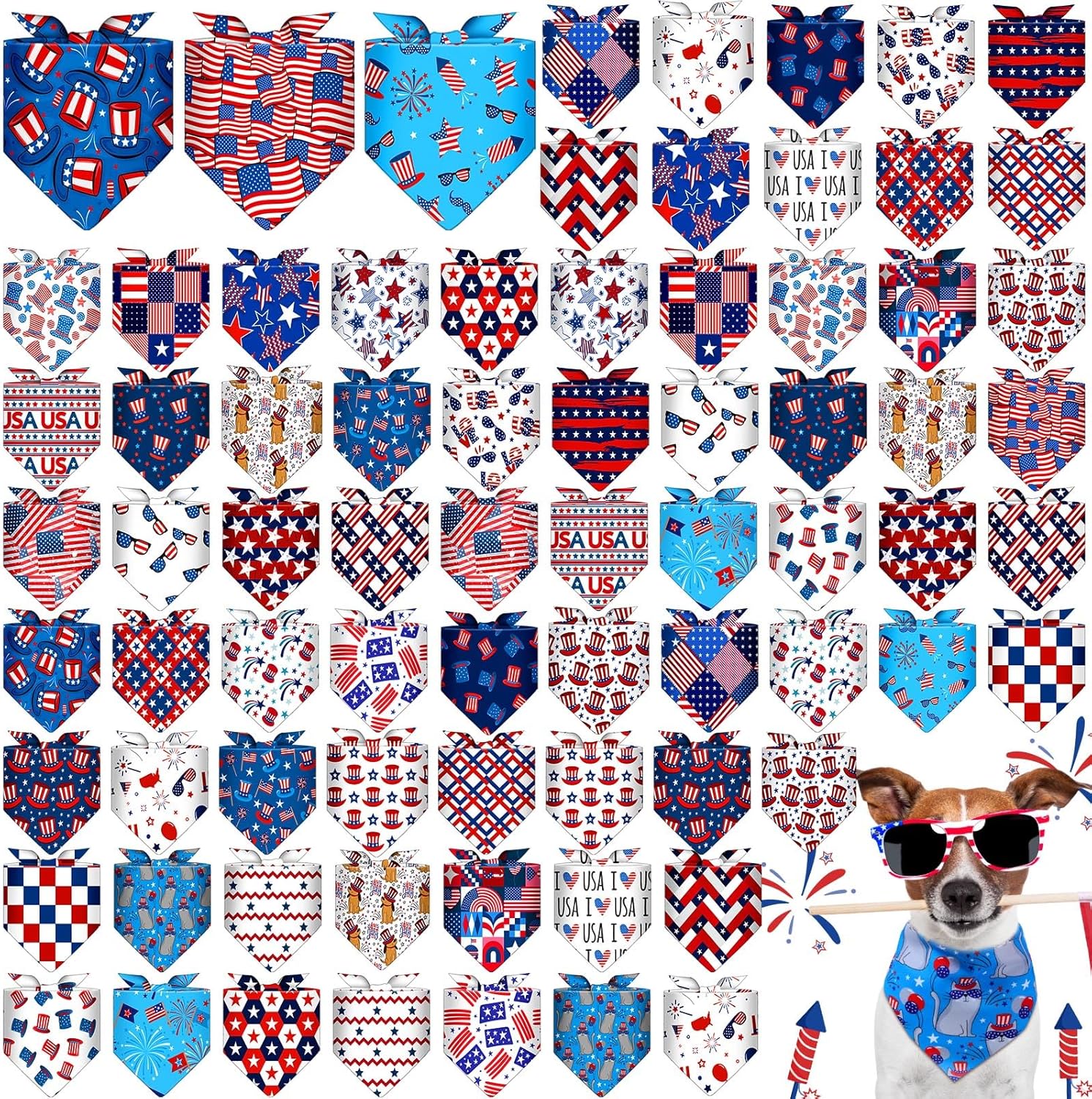 72 Pcs Veterans Day Dog Bandanas Bulk Patriotic Triangle Scarf Cat Puppy Bibs Scarf Blue White and Red Pet Bandanas for Puppy Cat Birthday Party Costume