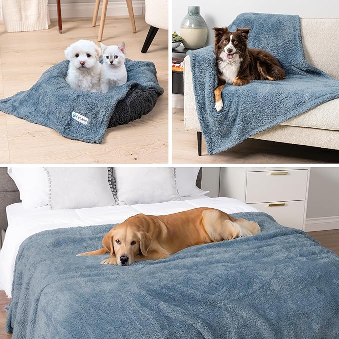 PetAmi Fluffy Waterproof Dog Blanket for Small Medium Dogs, Soft Warm Pet Sherpa Throw Pee Proof Couch Cover, Reversible Cat Puppy Bed Blanket Sofa Protector, Plush Washable Pad (Dusty Blue, 29x40)