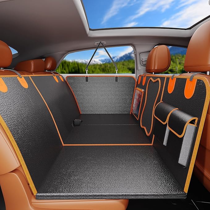 Dog Car Seat Cover for Back Seat, Upgraded PU Leather Back Seat Extender with Hard Bottom Holds 440lbs, Waterproof Anti-Scratch Pet Backseat Protector Dog Hammock for Car, SUV & Small Truck