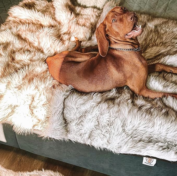 Waterproof Dog Blanket for Small, Medium & Large Dogs – Faux Fur Pet Throw for Couch, Sofa, Bed & Car – Soft, Washable, Stain-Resistant, Durable Cover – White w/Brown Tips – 80" x 60"