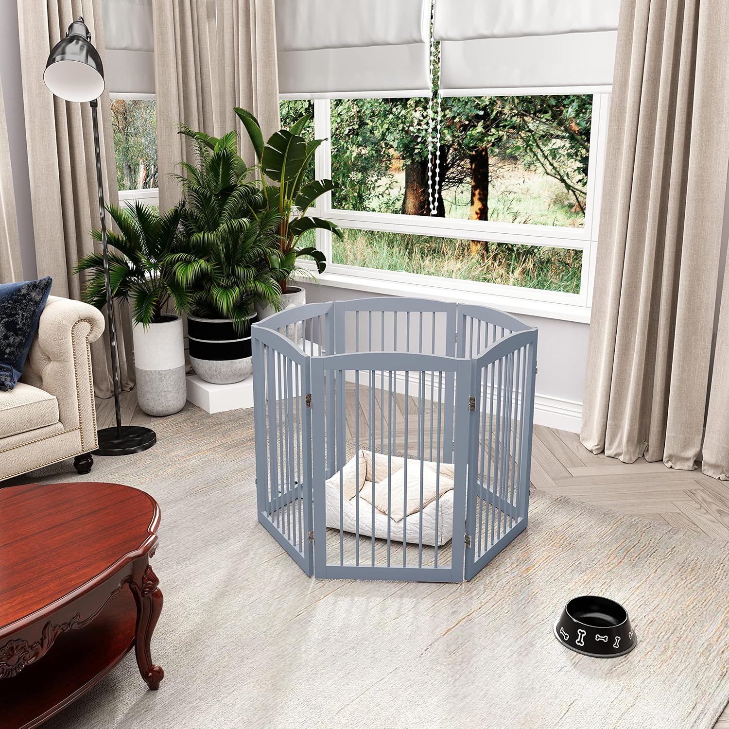Freestanding Pet Gate for Dogs, Indoor Wooden Foldable Dog Gate for House, Extra Wide, Pet Fence for Stairs, Doorways, Halls, Support Feet Included, 120 Inch Wide, 6 Panels 32",Grey